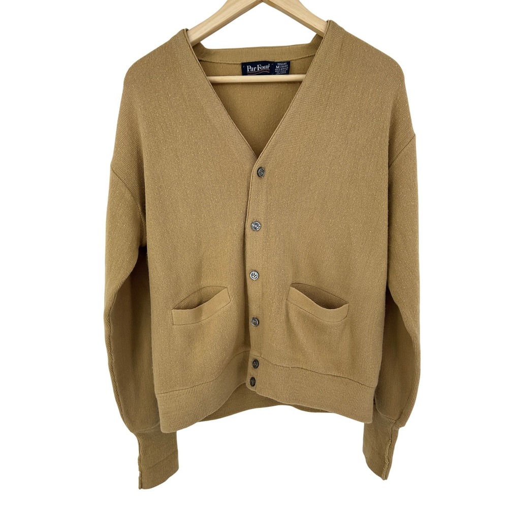 Vintage Par Four Golf Cardigan Mens Medium Grandpa Sweater Tan